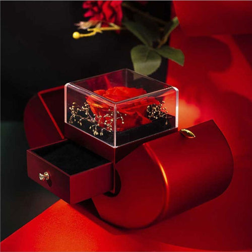 Red rose in a clear acrylic case on top of an open apple gift box with its jewelry drawer pulled out
