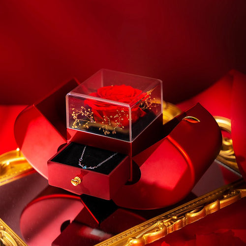 Red apple-shaped gift box opened to reveal a preserved red rose in a clear case, with a necklace in the pull-out drawer below